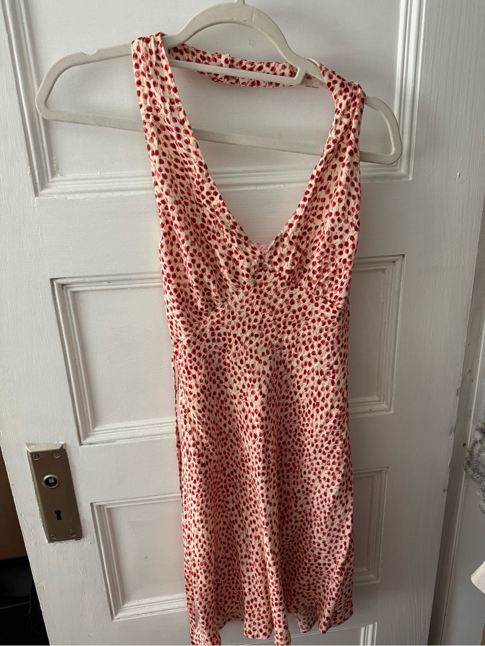 Reformation Cream Mini Dress with Red Spot Print